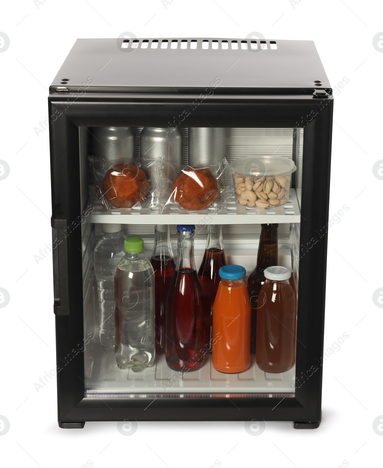 Photo of Mini refrigerator with drinks and snacks isolated on white