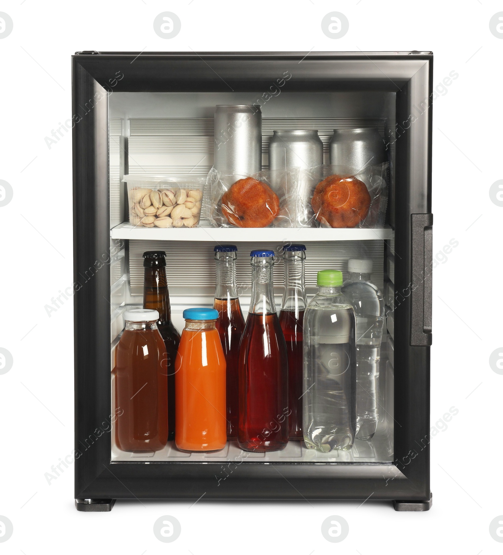 Photo of Mini refrigerator with drinks and snacks isolated on white