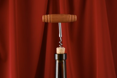 Wine bottle with corkscrew on red background, closeup