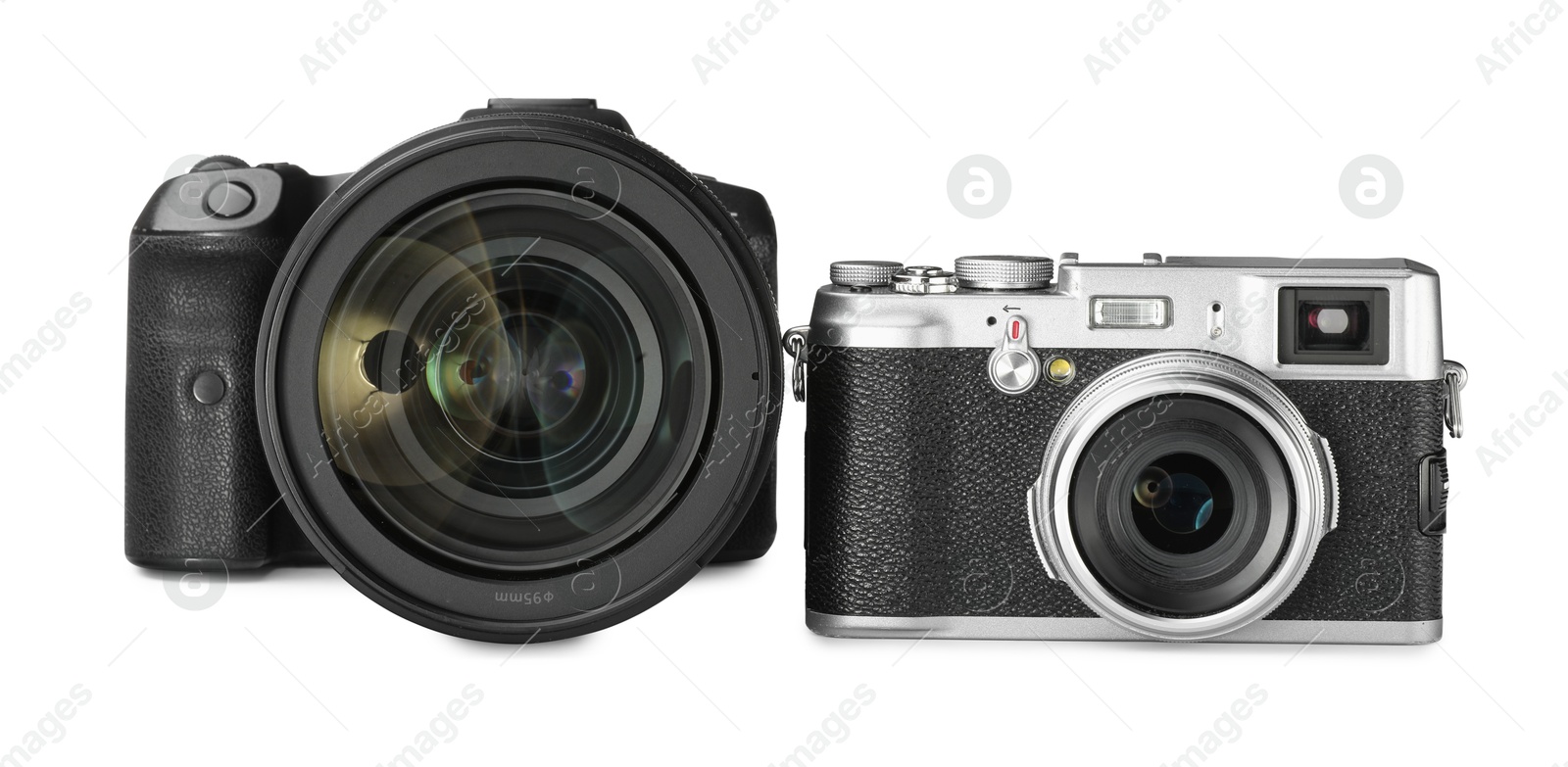 Photo of Modern cameras isolated on white. Photographer's equipment