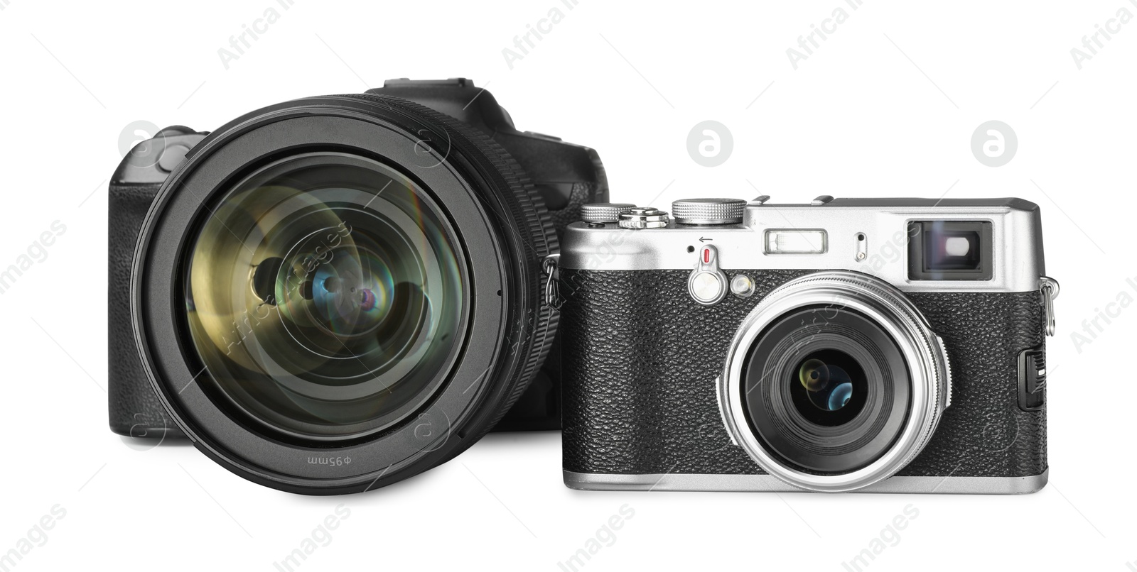 Photo of Modern cameras isolated on white. Photographer's equipment