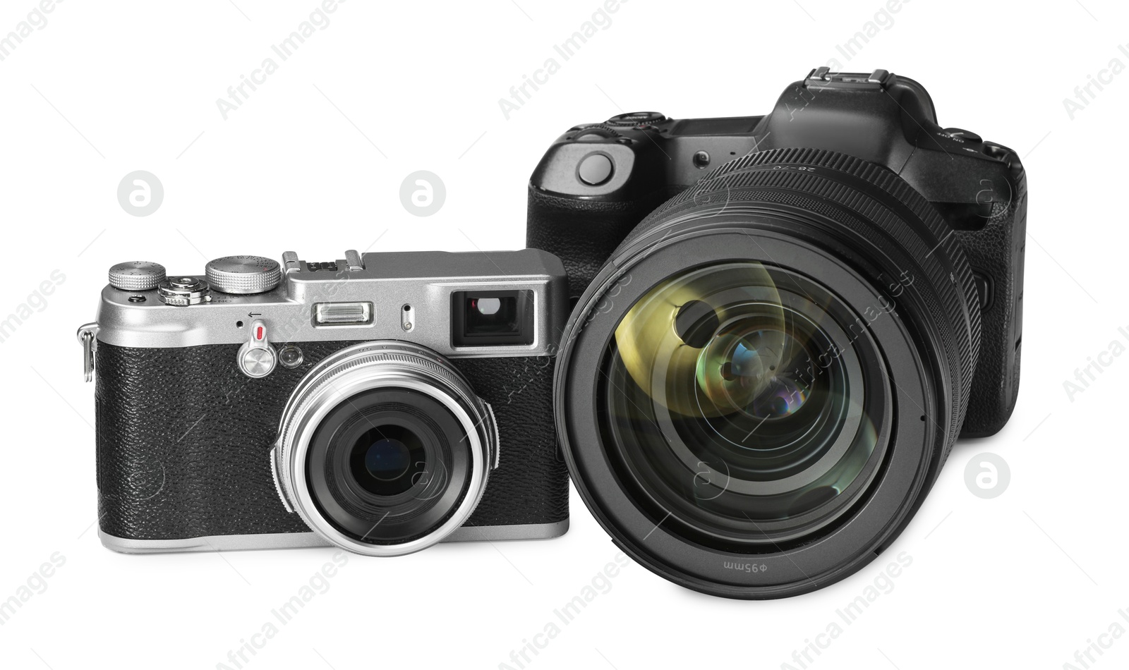 Photo of Modern cameras isolated on white. Photographer's equipment