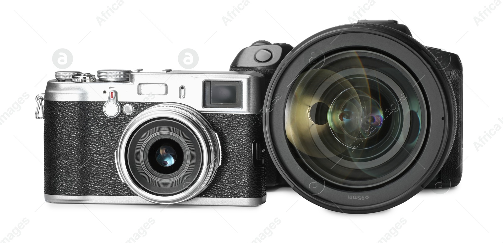 Photo of Modern cameras isolated on white. Photographer's equipment