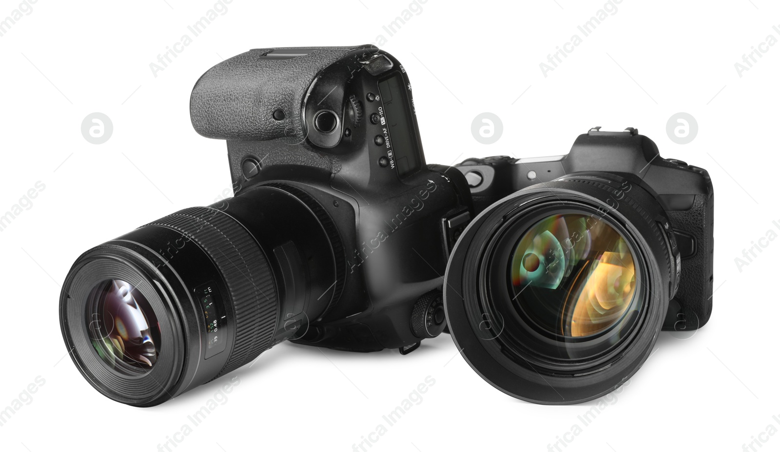 Photo of Modern cameras isolated on white. Photographer's equipment