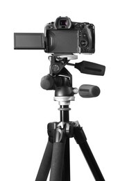 Photo of Modern camera with tripod isolated on white. Photographer's equipment