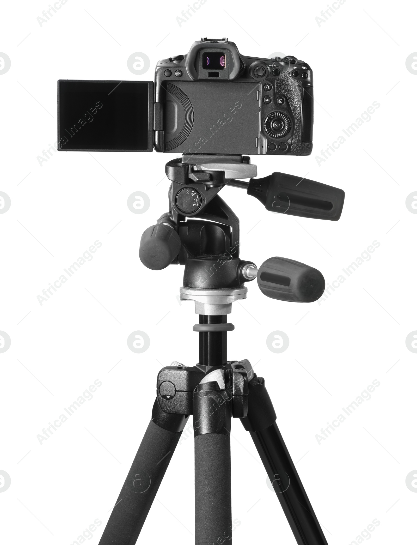 Photo of Modern camera with tripod isolated on white. Photographer's equipment