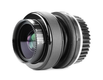 Camera lens isolated on white. Photographer's equipment