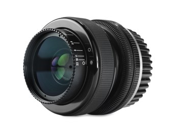 Camera lens on white background. Photographer's equipment