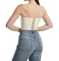 Photo of Woman in stylish corset on white background, closeup