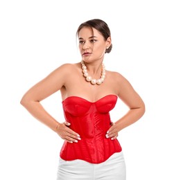 Photo of Beautiful woman in red corset on white background