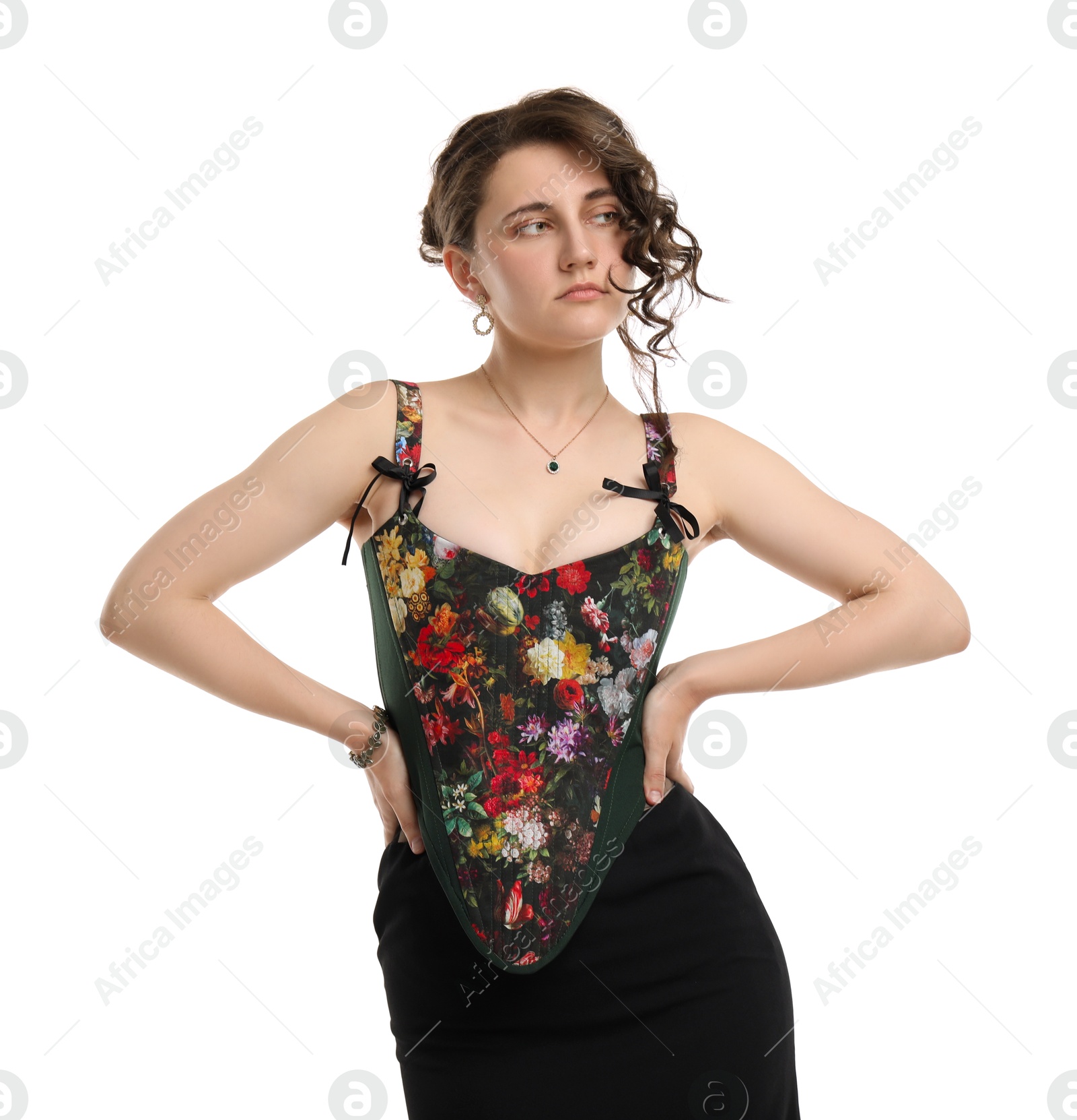 Photo of Beautiful woman in stylish corset posing on white background