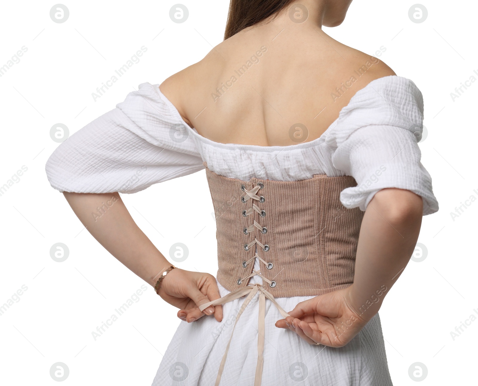 Photo of Woman in velvet corset on white background, closeup