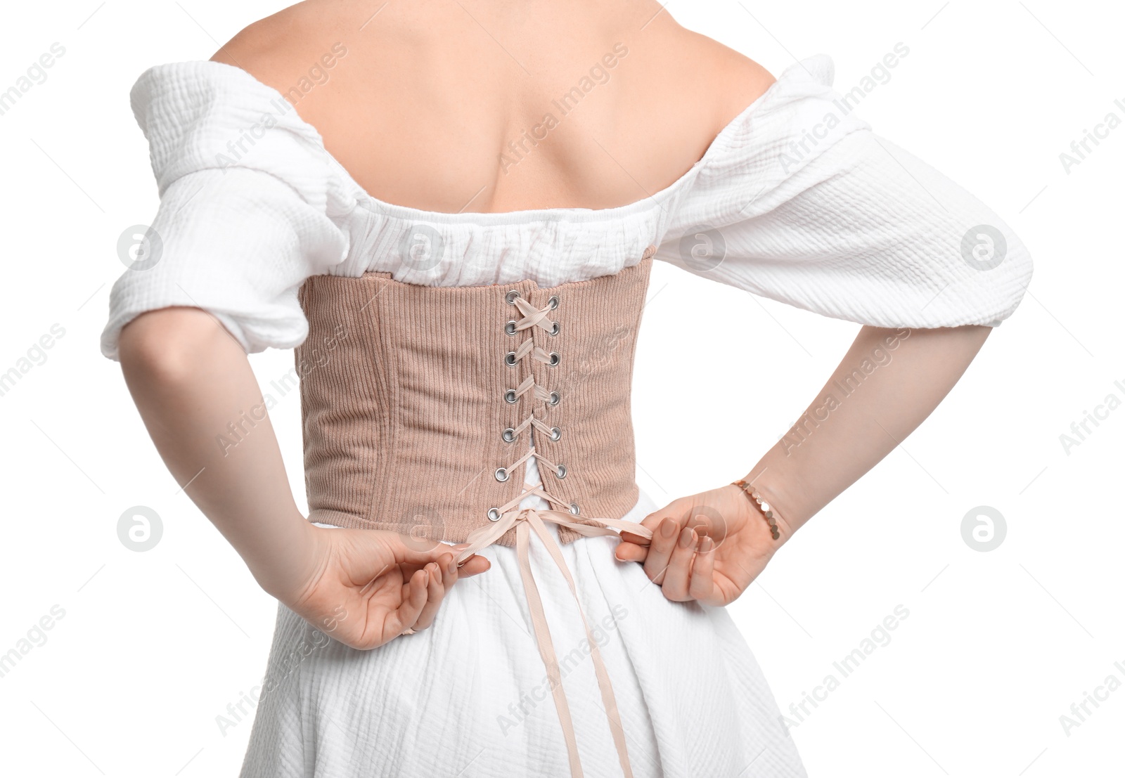 Photo of Woman in velvet corset on white background, closeup