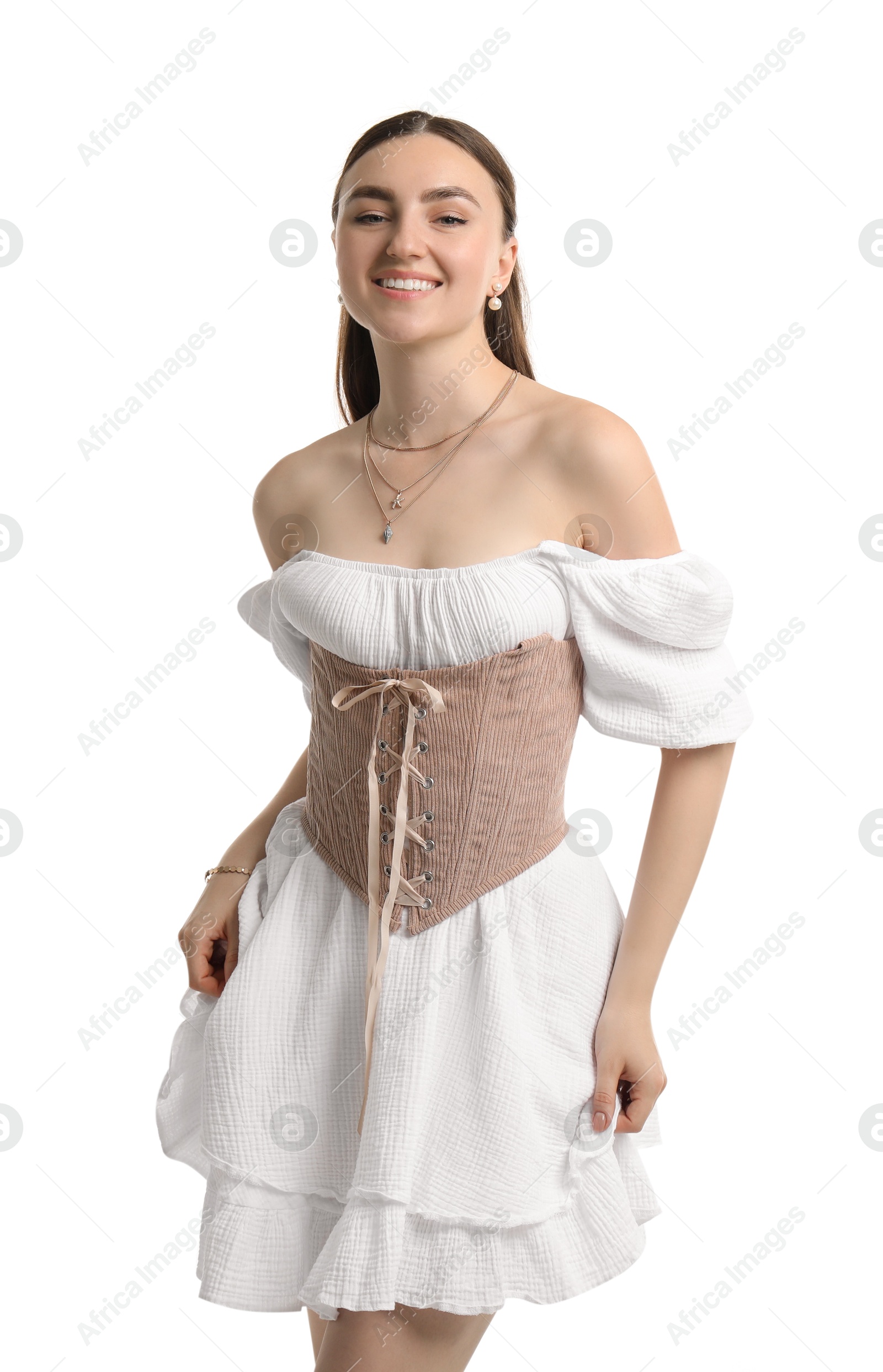 Photo of Smiling woman in velvet corset posing on white background