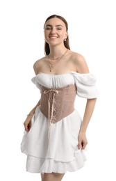 Smiling woman in velvet corset posing on white background