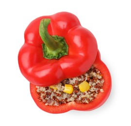 Photo of Quinoa stuffed bell pepper isolated on white, top view