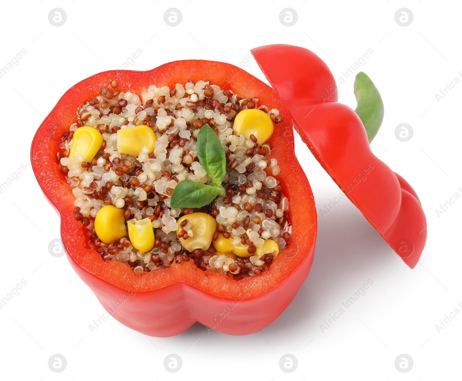 Photo of Quinoa stuffed bell pepper isolated on white