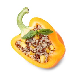 Photo of Quinoa stuffed bell pepper with basil isolated on white