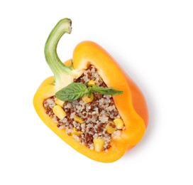 Photo of Quinoa stuffed bell pepper with basil isolated on white, top view