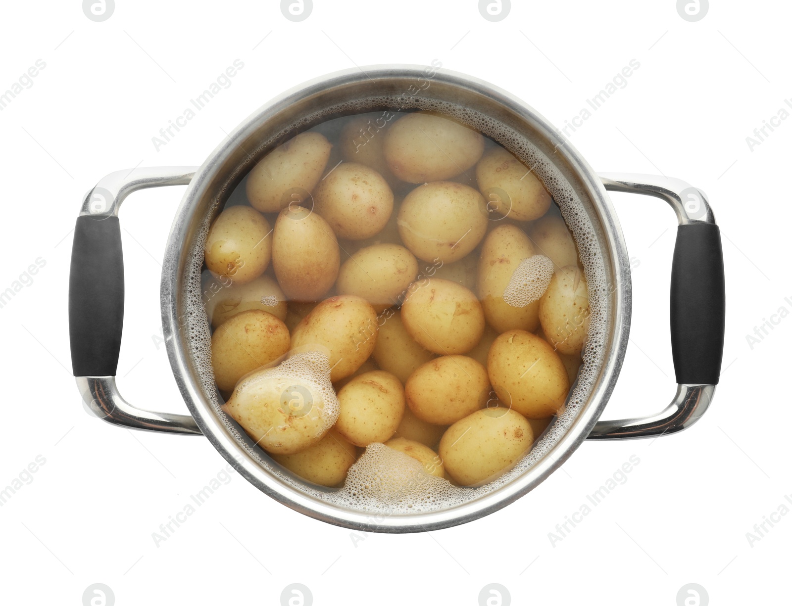 Photo of Raw potatoes in pot with water isolated on white, top view