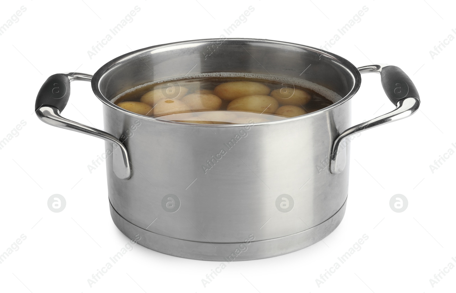 Photo of Raw potatoes in pot with water isolated on white