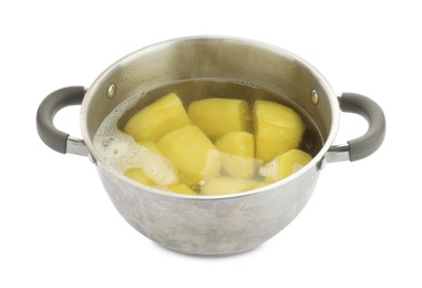 Boiled potatoes in pot with water isolated on white