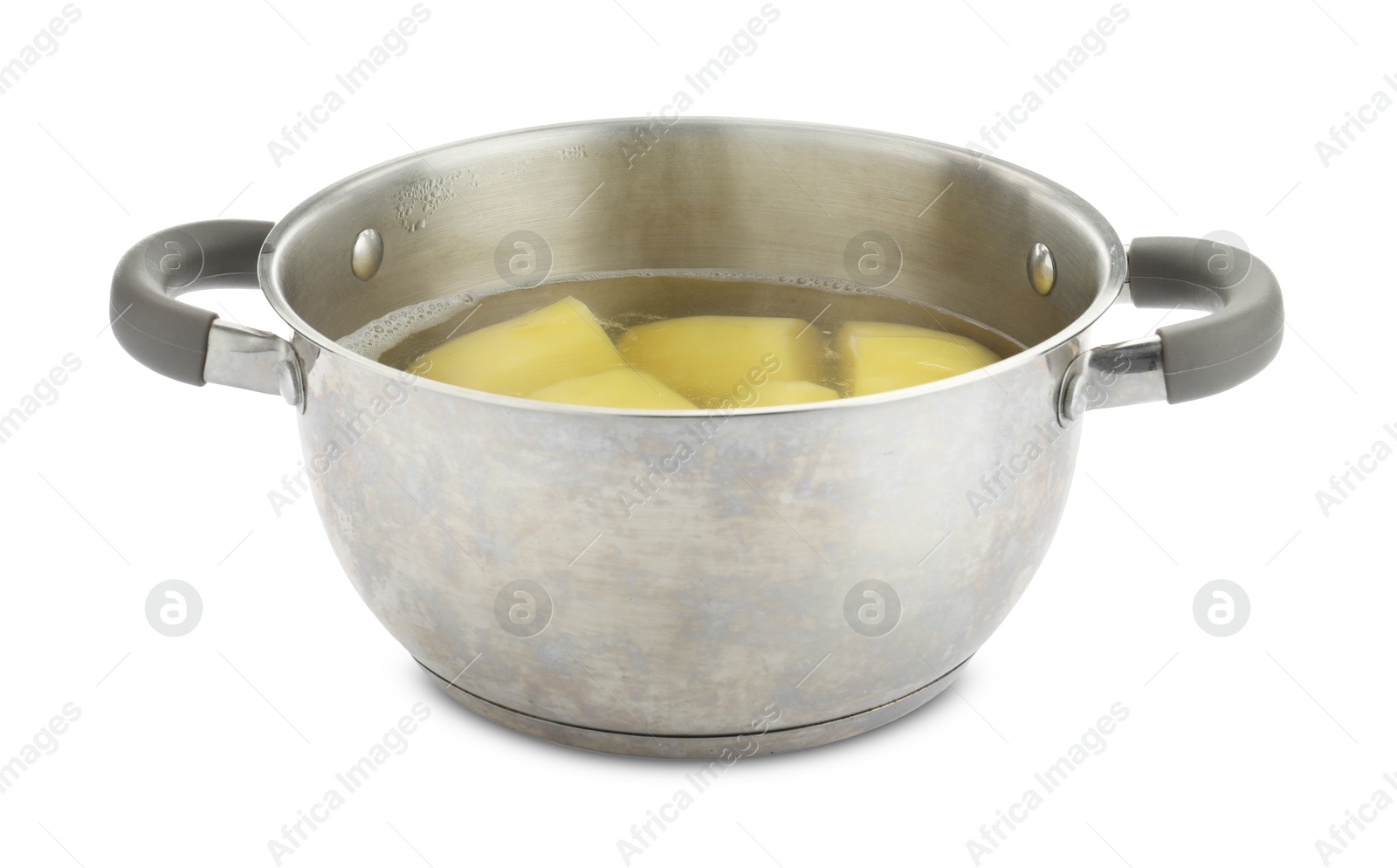 Photo of Boiled potatoes in pot with water isolated on white