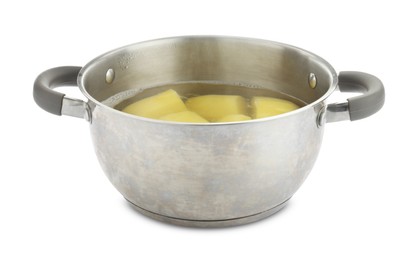 Photo of Boiled potatoes in pot with water isolated on white