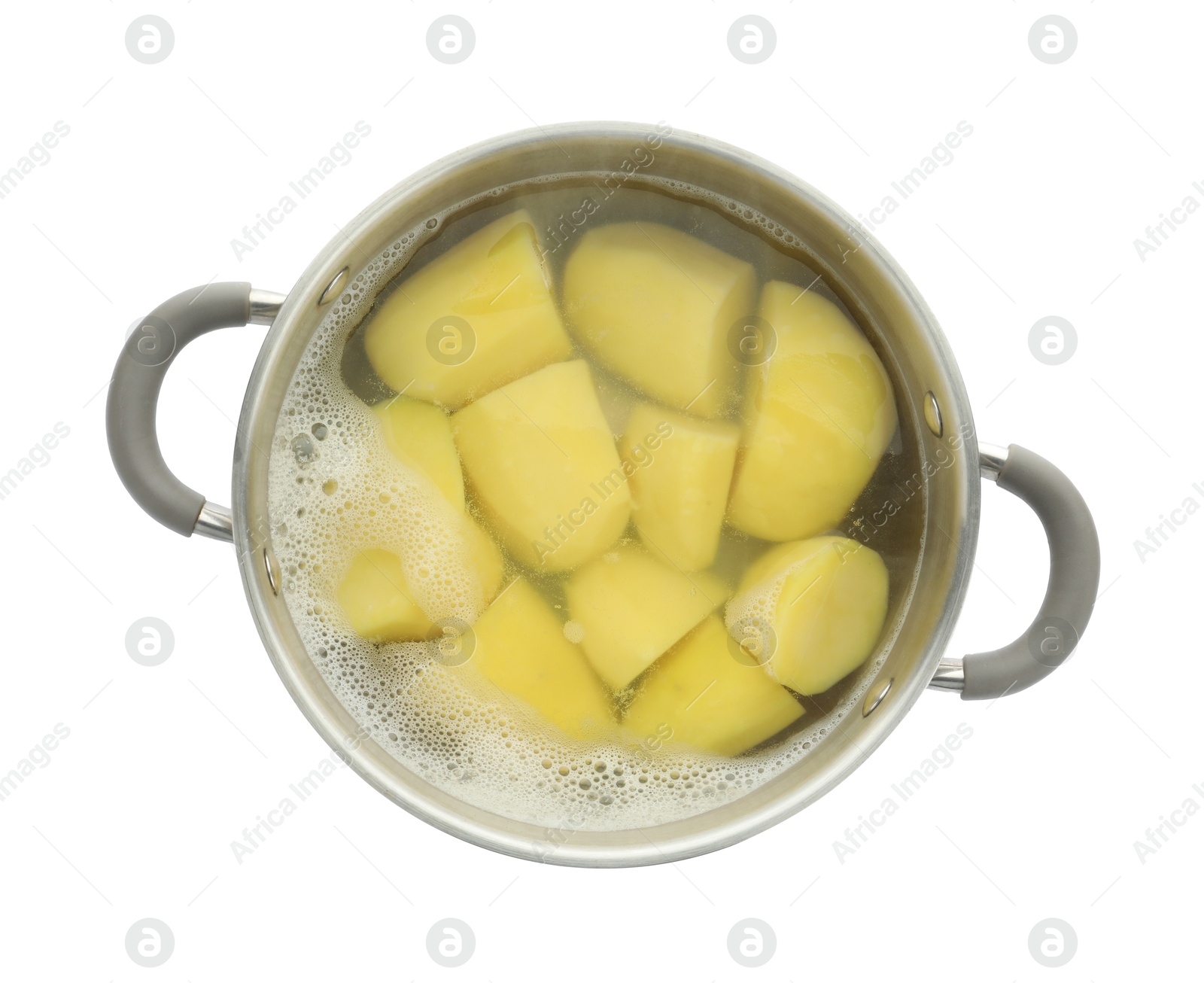 Photo of Boiled potatoes in pot with water isolated on white, top view