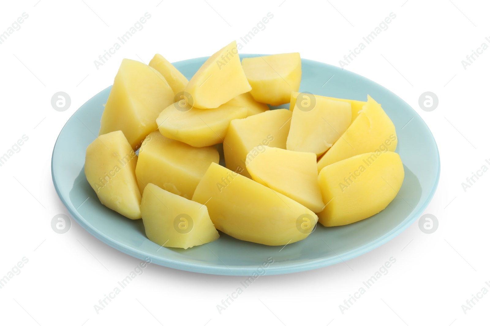 Photo of Tasty cut boiled potatoes isolated on white