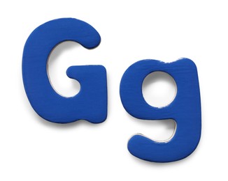Photo of Uppercase and lowercase blue magnetic letter G isolated white