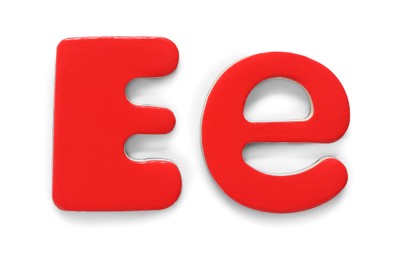 Photo of Uppercase and lowercase red magnetic letter E isolated white
