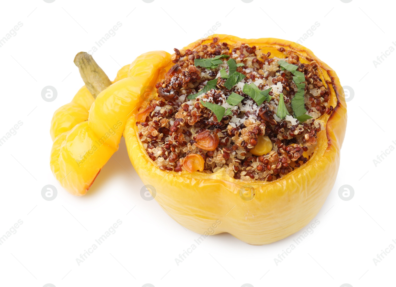 Photo of Quinoa stuffed bell pepper with corn isolated on white