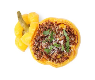 Photo of Quinoa stuffed bell pepper with corn isolated on white, top view