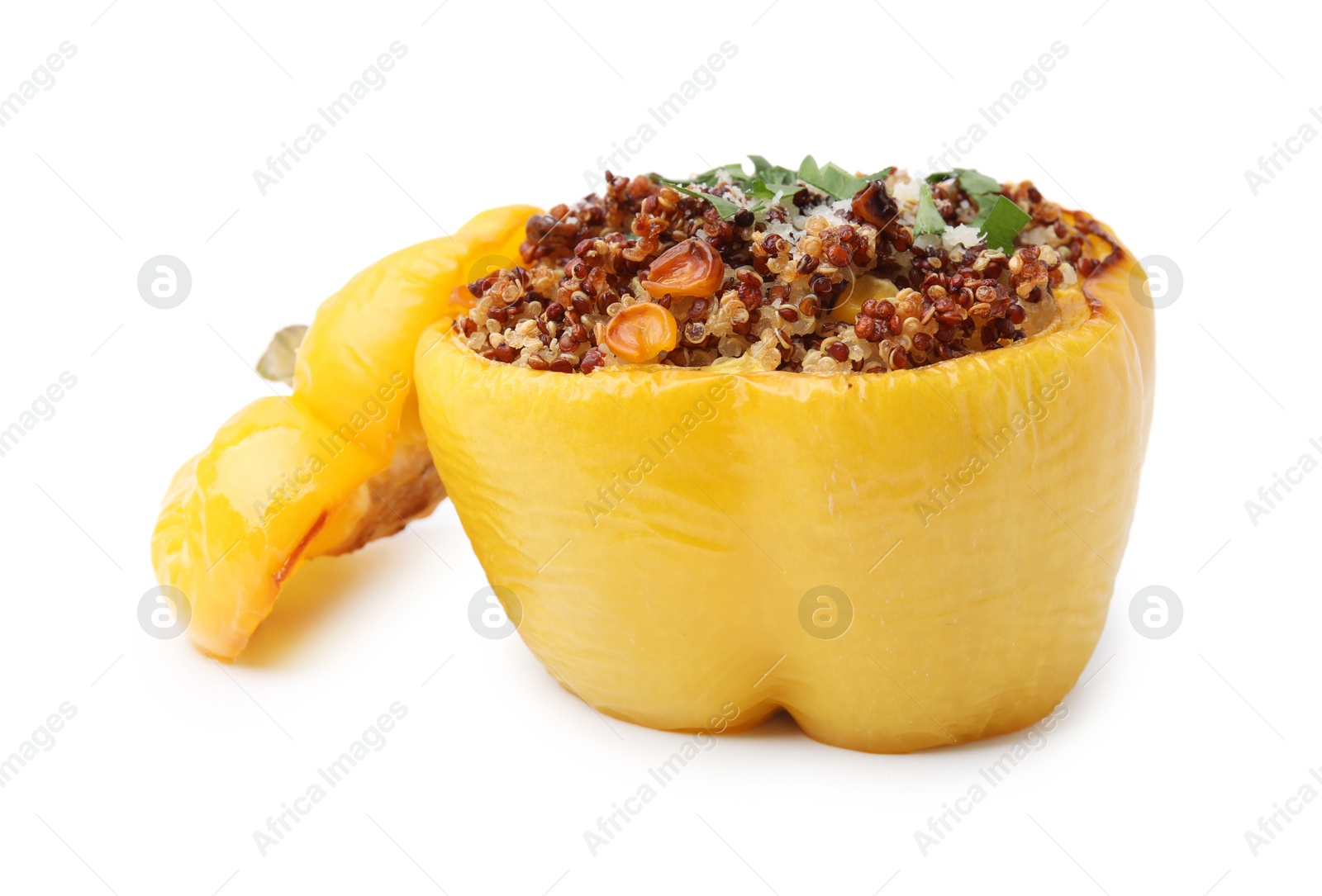 Photo of Quinoa stuffed bell pepper with corn isolated on white