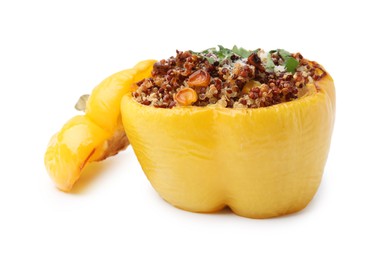 Photo of Quinoa stuffed bell pepper with corn isolated on white