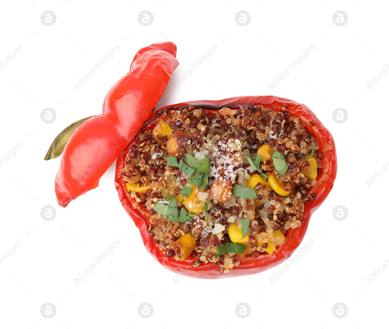 Photo of Quinoa stuffed bell pepper with corn isolated on white, top view