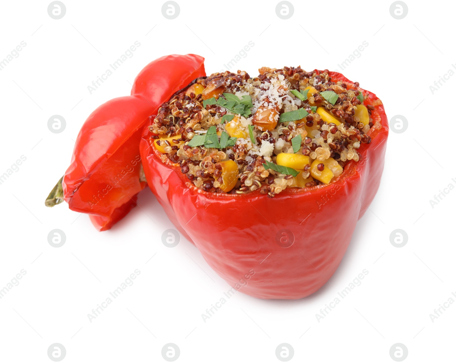 Photo of Quinoa stuffed bell pepper with corn isolated on white