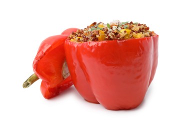 Photo of Quinoa stuffed bell pepper with corn isolated on white