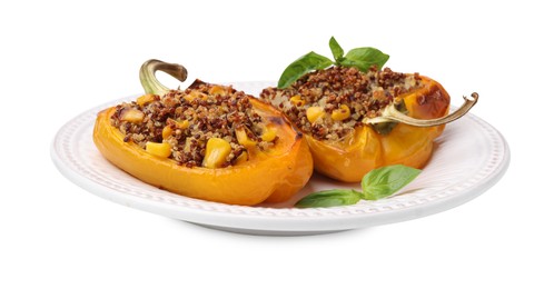 Photo of Quinoa stuffed bell peppers with corn and basil isolated on white