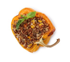 Photo of Quinoa stuffed bell pepper with corn and basil isolated on white, top view