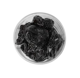 Photo of Tasty dried plums (prunes) in glass bowl isolated on white, top view