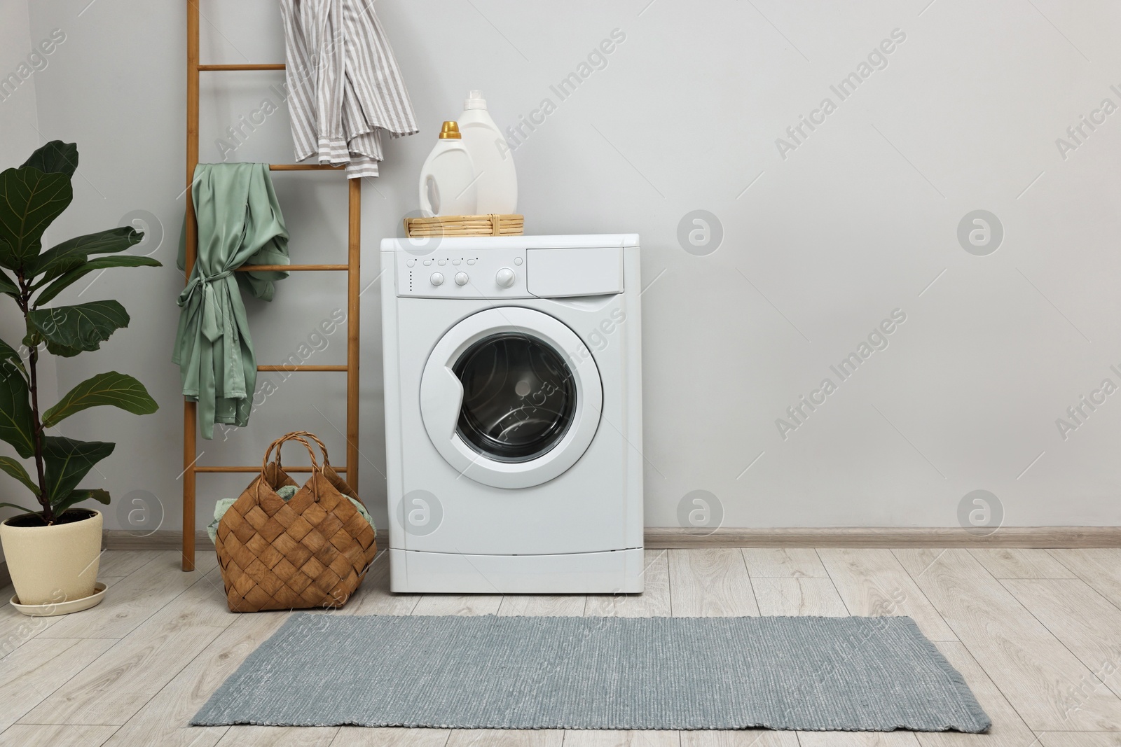 Photo of Washing machine, detergents, houseplant and ladder in laundry room, space for text