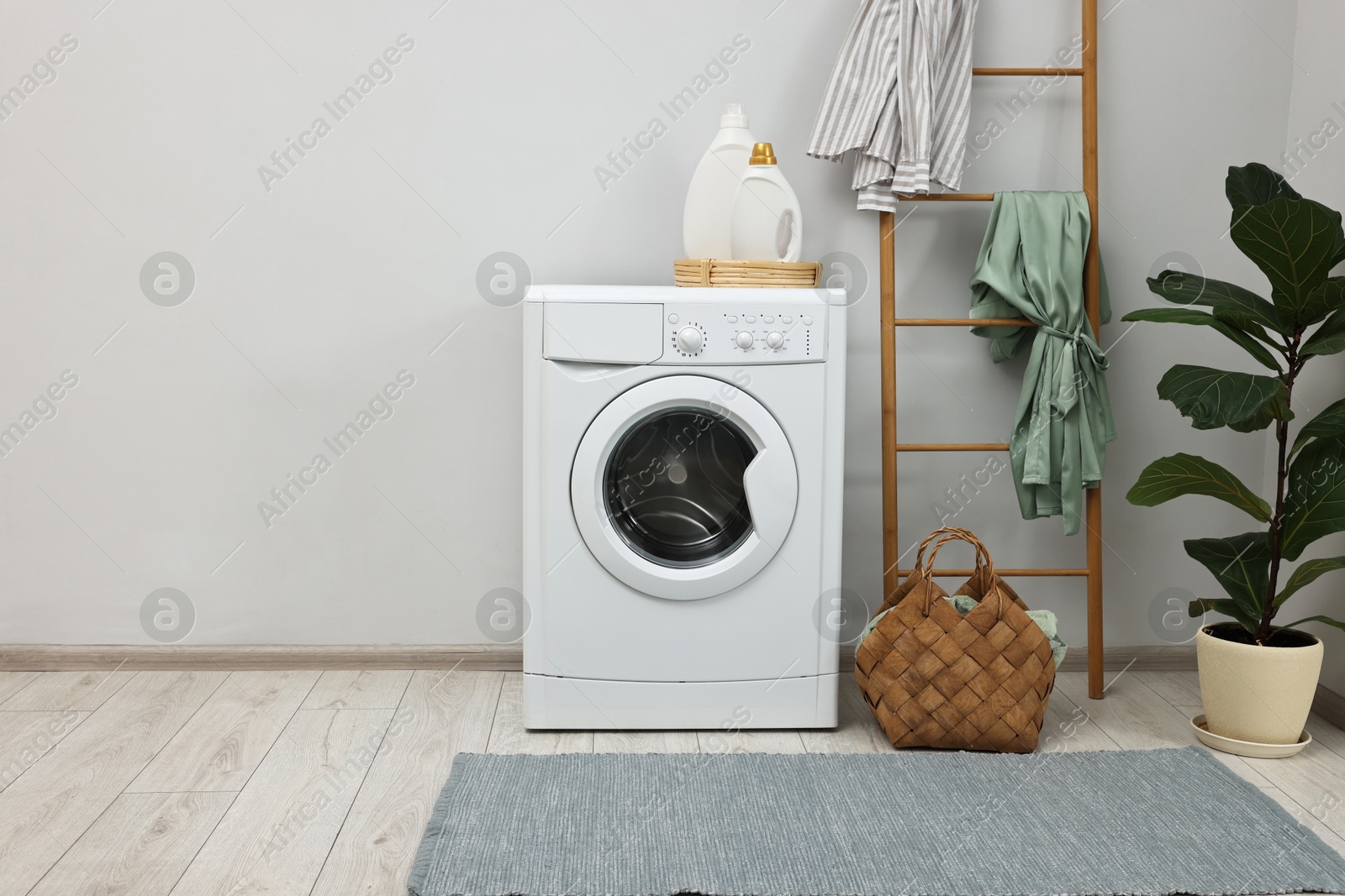 Photo of Washing machine, detergents, houseplant and ladder in laundry room, space for text