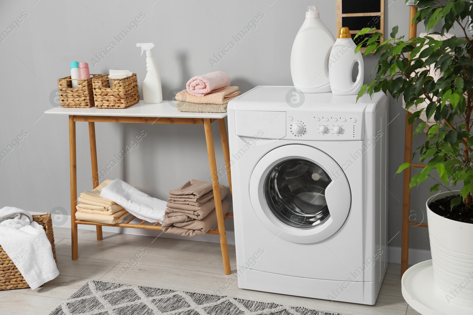 Photo of Washing machine, storage bench, detergents, laundry and houseplant indoors