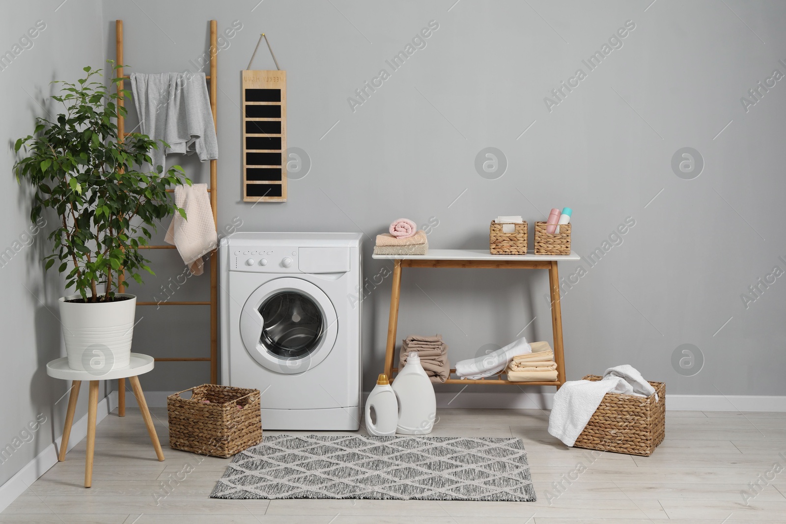 Photo of Washing machine, storage bench, detergents, laundry and houseplant indoors