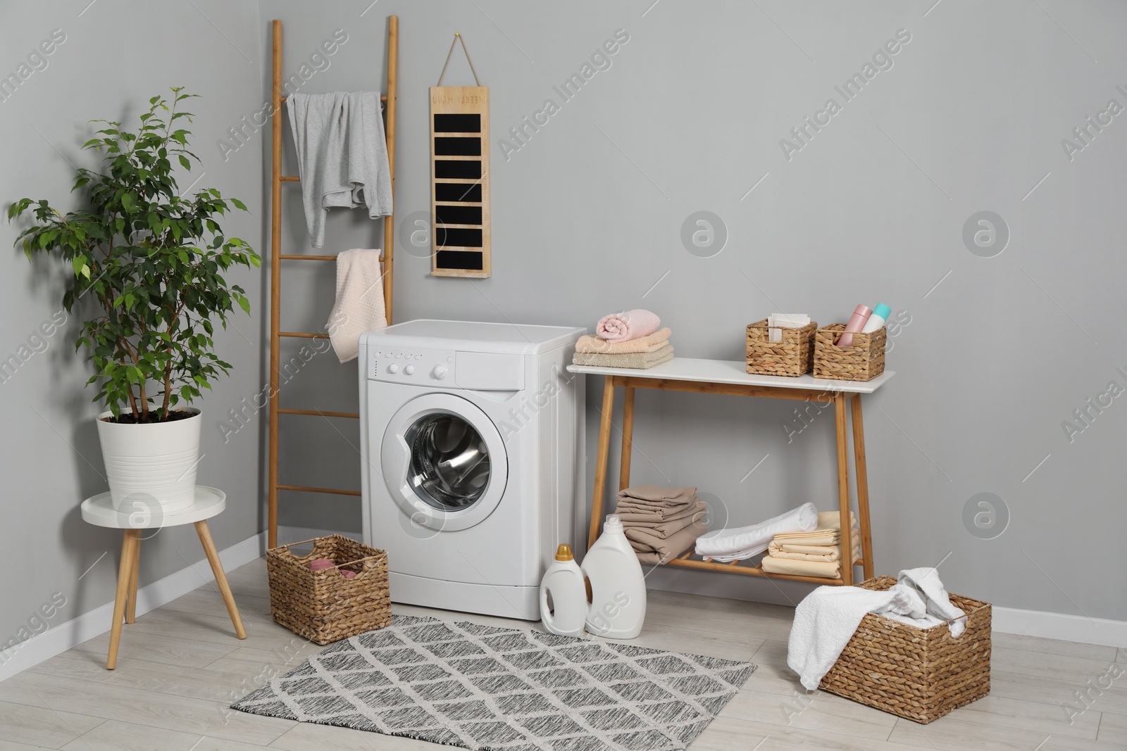 Photo of Washing machine, storage bench, detergents, laundry and houseplant indoors