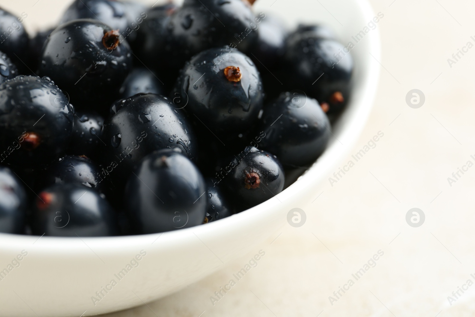 Photo of Ripe black currants in bowl on light table, closeup