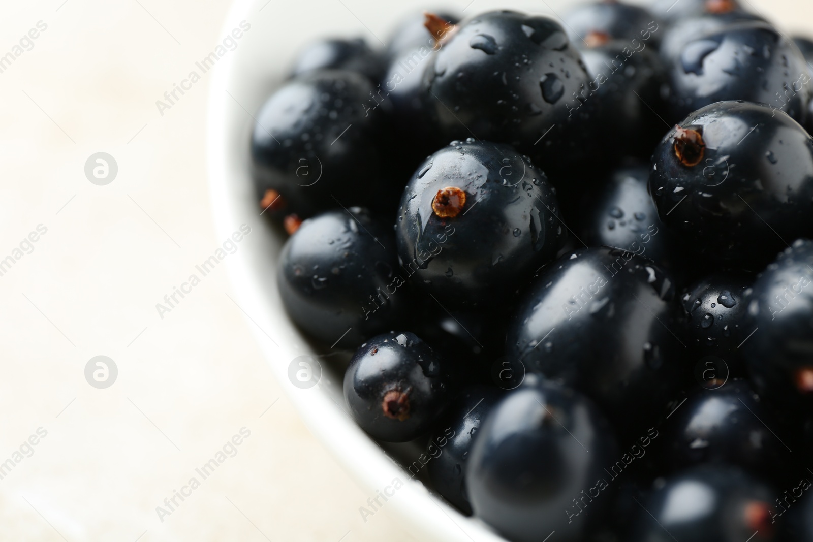 Photo of Ripe black currants in bowl on light table, closeup