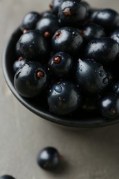 Ripe black currants in bowl on grey table, closeup